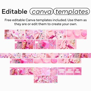 Collection of editable Canva templates for a Shopify theme, showcasing multiple pink-themed designs with playful elements like flamingos, candy, and various lifestyle products, meant to create a vibrant, cohesive brand aesthetic.