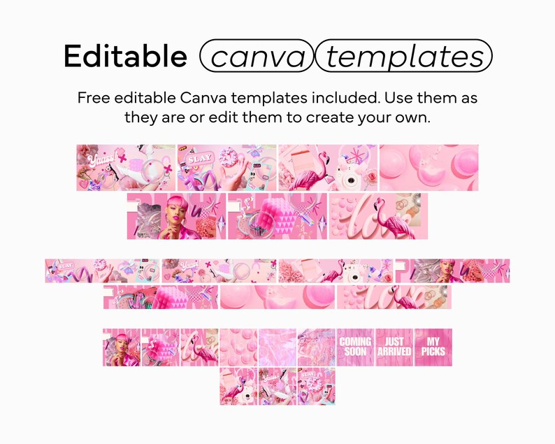 Collection of editable Canva templates for a Shopify theme, showcasing multiple pink-themed designs with playful elements like flamingos, candy, and various lifestyle products, meant to create a vibrant, cohesive brand aesthetic.