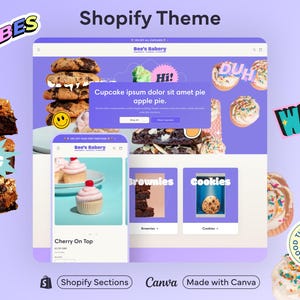 May include: A colourful Shopify theme for a bakery website. The theme features a variety of images, including cupcakes, cookies, and brownies. The text "Bee's Bakery" is displayed on the website. The theme is made with Canva.