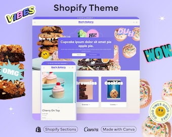 Bright Bold Bakery Shopify Theme Sweet Treats Cupcakes Brownies Doughnuts Cookies Website Design Colourful Dessert Shop Layout