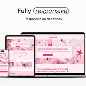 Showcase of a responsive Shopify theme displayed across a phone, tablet, and laptop screen, all featuring a consistent pink color scheme with playful elements like candy and donuts. The theme is optimized for all devices.