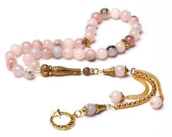 Tasbih de piedra de cerezo rosa: cuentas de oración islámicas con borla dorada