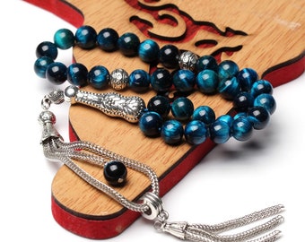Blue Tiger-Eye Tasbih, Islamic Prayer Beads, Misbaha, Tasbeeh, Muslim Rosary, Tasbih, Counting Beads, Gift Tasbih