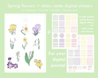 Spring Flowers & 81 Sticky Notes - Digital Stickers for Journaling, Planning, Goodnotes, Notability, Printables (PNG)