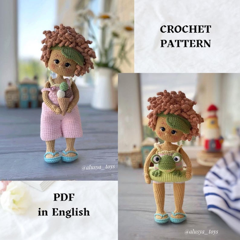 Pode incluir: Padr&atilde;o de croch&ecirc; para uma boneca com cabelo castanho encaracolado, vestindo um vestido rosa e segurando um cone de sorvete. A boneca est&aacute; em p&eacute; sobre uma superf&iacute;cie de madeira. O padr&atilde;o est&aacute; dispon&iacute;vel em formato PDF e est&aacute; escrito em ingl&ecirc;s. A imagem tamb&eacute;m inclui o texto "CROCHET PATTERN" e "PDF in English".