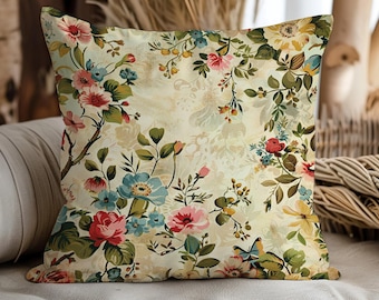 Vintage Floral Pillow Cover Set, Retro Flower Cushion, Cottagecore Throw Pillow, Decorative Botanical Home Decor