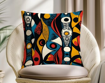 African Art Pillow Cover, Tribal Floral Cushion, Vibrant Boho Throw Pillow, Ethnic Modern Sofa Decor Case