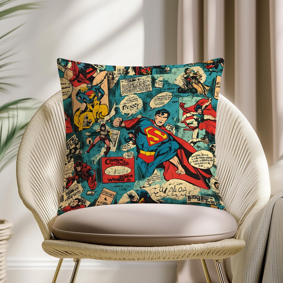 Vintage Superhero Comic Collage Pillow Cover, Retro Pop Art Throw ...