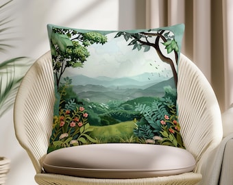 Paper Cut Nature Pillow Cover, Layered Forest Landscape Cushion, Green Scenic Throw Pillow, Storybook Style Home Decor