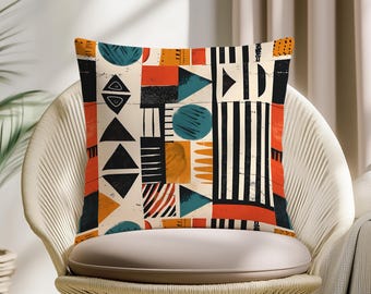 Tribal Geometric Pillow Cover, African Ethnic Pattern Cushion, Bold Boho Throw Pillow, Modern Tribal Sofa Decor Case