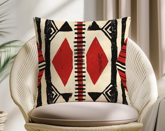 African Tribal Pillow Cover, Red Ethnic Cushion, Geometric Mudcloth Throw Pillow, Boho Sofa Decor Case