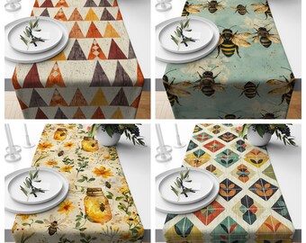 Bee & Geometric Table Runner, Farmhouse Honeybee Floral Table Decor, Rustic Kitchen Linen, Vintage Spring Dining Table Cover