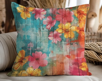 Boho psykedelisk blommig örngott, färgglad retro blommig kudde, livfull dekorativ prydnadskudde