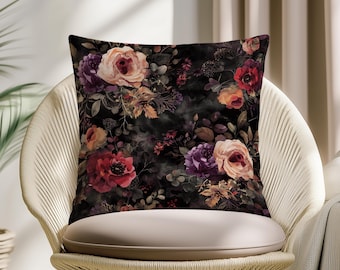 Moody Floral Pillow Cover, Dark Vintage Rose Cushion, Gothic Botanical Throw Pillow, Romantic Home Decor Case