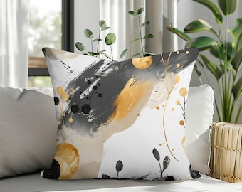 Abstract Modern Art Pillow Cover, Minimalist Boho Cushion Case, Yellow Grey Contemporary Throw Pillow, Handmade Cushion