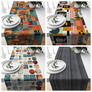 May include: Four table runners with different designs are displayed. One features a mushroom pattern, another has an abstract design with black, yellow, and pink, a third has a geometric pattern with circles and squares, and the last is a gray woven design.
