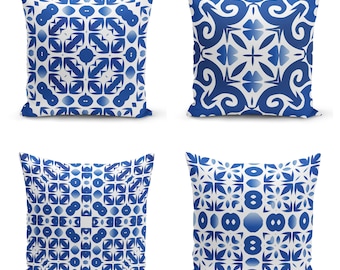 Blue Tiles Moroccan Cushion Cover, Mediterranean Spanish Pillow case, Mosaic Ethnic Modern Pillow cover,Garden Party Cushion Cover, Handmade