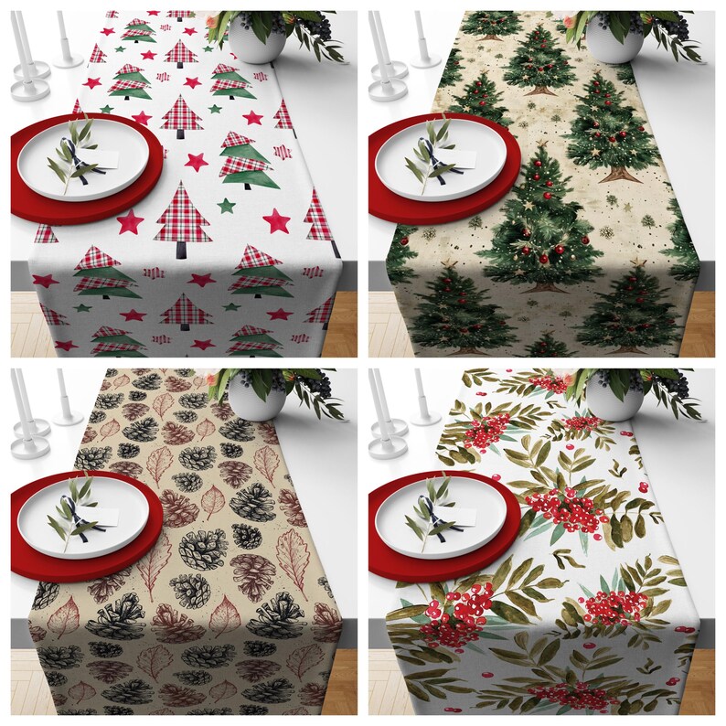 May include: Four Christmas-themed table runners with different patterns. One features red and green plaid trees and stars on a white background. Another has green Christmas trees on a beige background. The other two have pine cones and red berries.