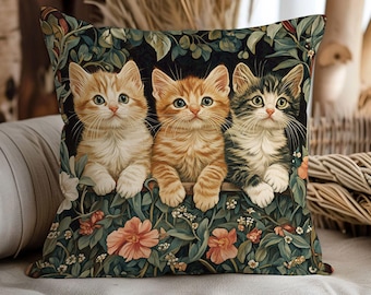 Vintage Cat Pillow Cover, Cute Kitten Floral Cushion Case, Botanical Garden Cat Design Throw Pillow, Cozy Home Decor