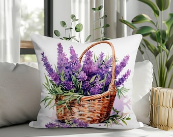 Lavender Floral Pillow Cover, Purple Flower Cushion Decor, Rustic Botanical Throw Pillow for Cottagecore Home