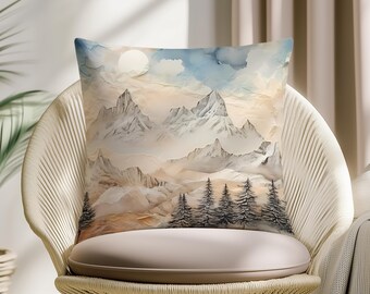 Watercolor Mountain Pillow Cover, Soft Neutral Landscape Cushion, Minimal Forest Throw Pillow, Scandinavian Nature Home Decor