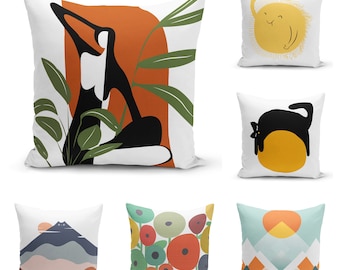 Penguin Winter Theme Cushion Cover, Yellow Funny Sun Pillow case, Black Cat on Ball Pillow cover,Mountain Poppy Cushion Cover, Handmade