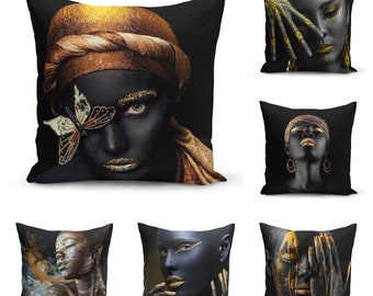 African Woman Art Cushion Cover, Black Lady Decorative Pillow case, Golden Effect Modern Pillow cover,Asia Cushion Cover, Housewarming