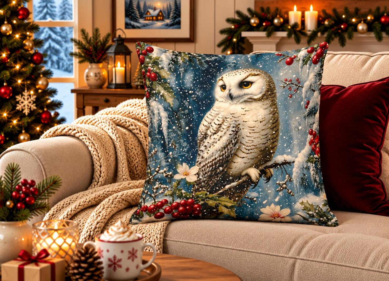 Snowy Owl Christmas Pillow Cover, Winter Woodland Bird Cushion Case, Blue Snowflake Holly Berry Deco