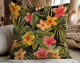 Tropical Hibiscus & Palm Leaves Pillow Cover, Vibrant Summer Floral Cushion, Jungle Botanical Throw Pillow