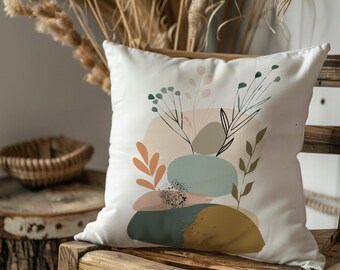 Abstract Geometric Boho Pillow Cover, Minimalist Botanical Cushion Case, Earth Tone Modern Throw Pillow, Handmade Cushion