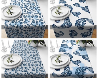 Blue Koi Fish Table Runner, Japanese Inspired Dining Decor, Minimal Coastal Table Linen, Modern Nautical Home Decor