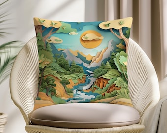 Paper Cut Landscape Pillow Cover, Forest Mountain Cushion, Layered Nature Art Throw Pillow, Cozy Woodland Home Decor