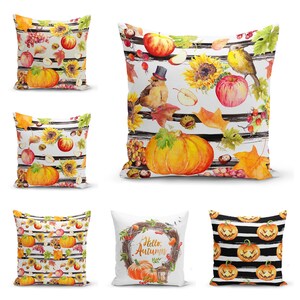 Hello Autumn Pumpkin Cushion Cover, Halloween Decorative Pillow case, Pumpkin Wreath Pillow cover,Halloween Stripe  Cushion Cover, Handmade