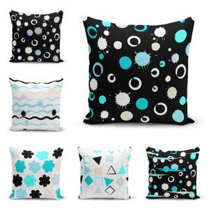 Modern Geometric Cushion Covers – Abstract Shapes and Black White Blue Pattern Pillowcases for Contemporary Home Decor