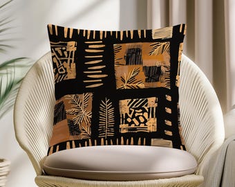 African Tribal Pillow Cover, Mudcloth Geometric Cushion, Black Beige Ethnic Throw Pillow, Modern Boho Sofa Decor Case