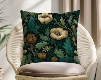Dark Botanical Pillow Cover, Emerald Green Floral Cushion, Vintage Arts and Crafts Throw Pillow, Moody Cottage Decor Case