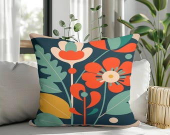 Modern Floral Art Pillow Cover, Colorful Botanical Cushion Case, Abstract Flower Throw Pillow, Handmade Cushion
