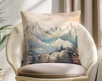 Soft Mountain Landscape Pillow Cover, Neutral Nature Cushion, Pastel Forest Throw Pillow, Scandinavian Rustic Home Decor