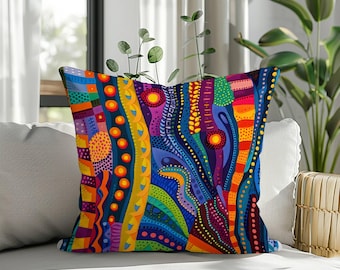 Colorful Abstract Boho Pillow Cover, Vibrant Tribal Pattern Cushion, Ethnic Geometric Throw Pillow, Artistic Decor Pillowcase