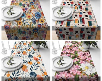 Floral Abstract Table Runner, Modern Botanical Dining Decor, Colorful Kitchen Linen, Farmhouse Table Decor Cloth