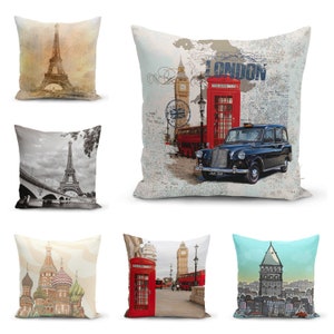 Kussenhoes Londen Big Ben, kussensloop rode telefooncel, kussensloop Parijs Eiffeltoren, kussenhoes Galatatoren, handgemaakt