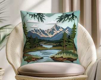Nature Landscape Pillow Cover, Forest Mountain Cushion, Green Botanical Throw Pillow, Woodland Scenic Home Decor