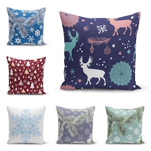 Copricuscino colorato con renna, copricuscino decorativo natalizio, copricuscino con fiocchi di neve, copricuscino con albero di pino, fatto a mano