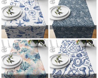 Coastal Nautical Table Runner, Blue Ocean Marine Print Table Decor, Beach House Dining Runner, Summer Seaside Home Decor