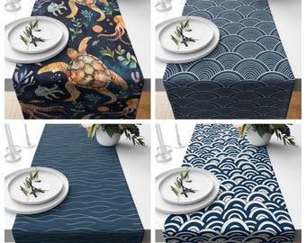 Ocean Turtle Table Runner, Coastal Marine Table Decor, Sea Life Dining Runner, Nautical Beach House Tablecloth, Blue Wave Pattern