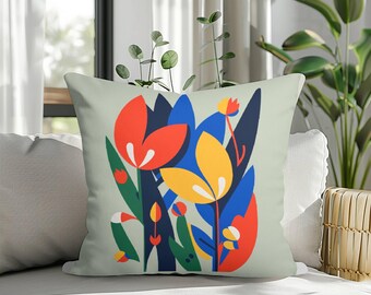 Modern Floral Art Pillow Cover, Colorful Botanical Cushion Case, Abstract Flower Throw Pillow, Handmade Cushion