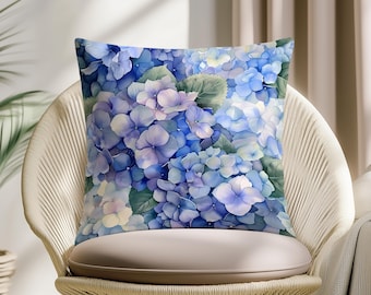 Blue Hydrangea Pillow Cover, Watercolor Floral Cushion, Romantic Cottagecore Throw Pillow, Vintage Botanical Decor Case