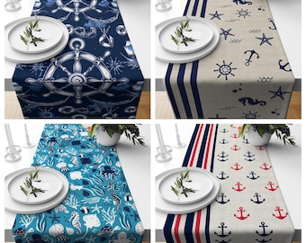 Nautical Table Runner, Coastal Marine Decor, Anchor Ship Wheel Ocean Theme Table Linen, Beach House Dining Decor