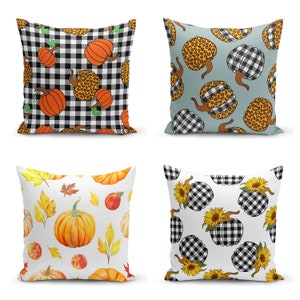 Leopard Pumpkin Pillow Cover, Fall Buffalo Plaid Cushion, Rustic Autumn Decor, Cozy Farmhouse Thanksgiving Pillow