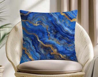 Blue Gold Marble Pillow Cover, Luxury Agate Cushion, Navy Abstract Throw Pillow, Modern Glam Home Decor
